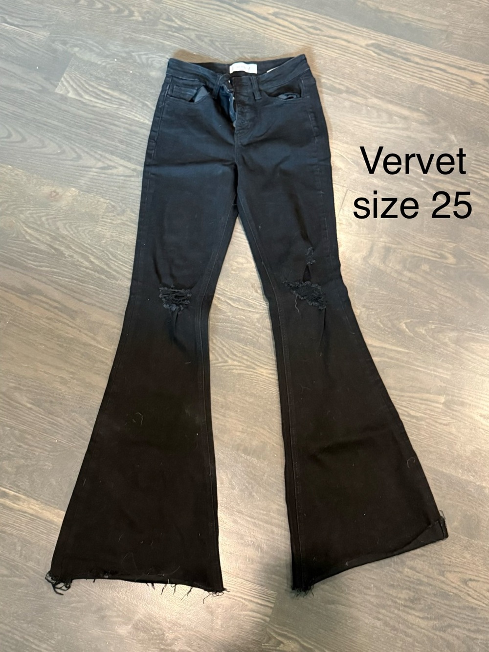 VERVET BY FLYING MONKEY Black Distressed Flare Jeans with Raw Hem
